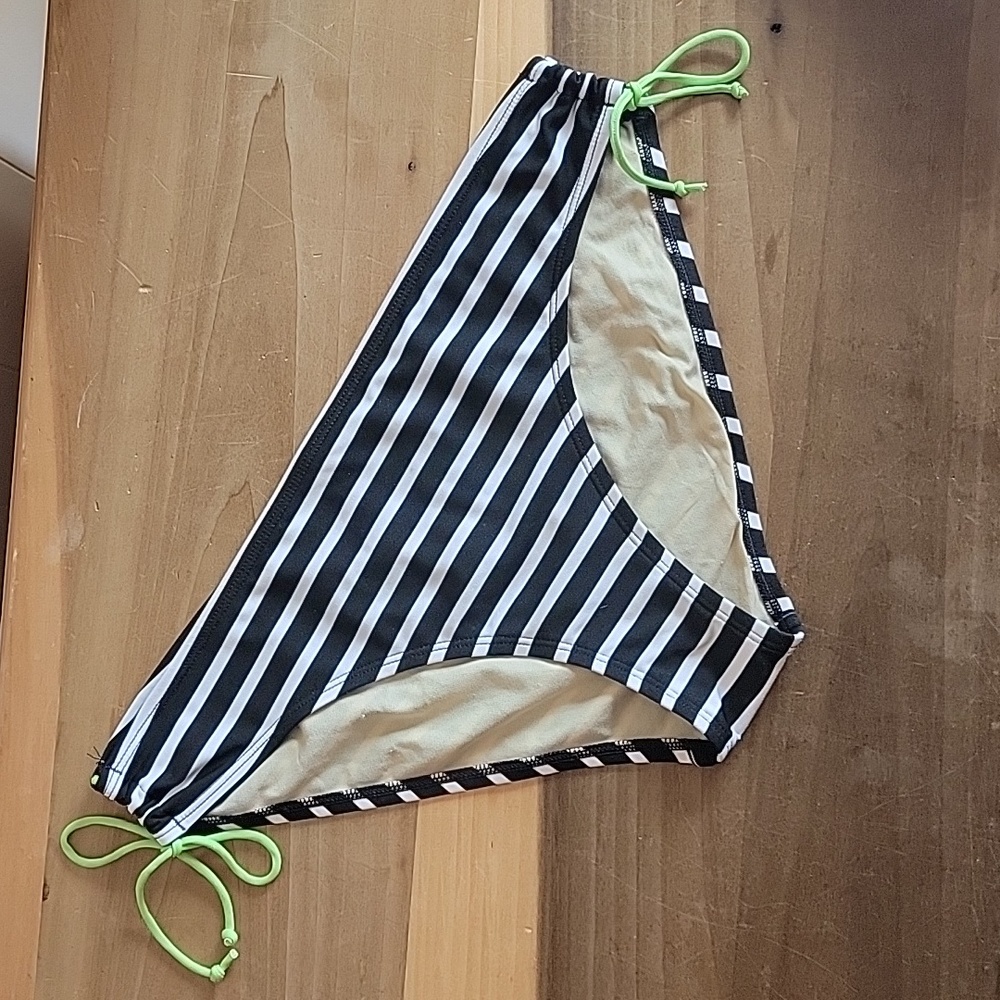 Black and White Striped Bikini Bottom with Green Ties Swimwear Bathing Suit